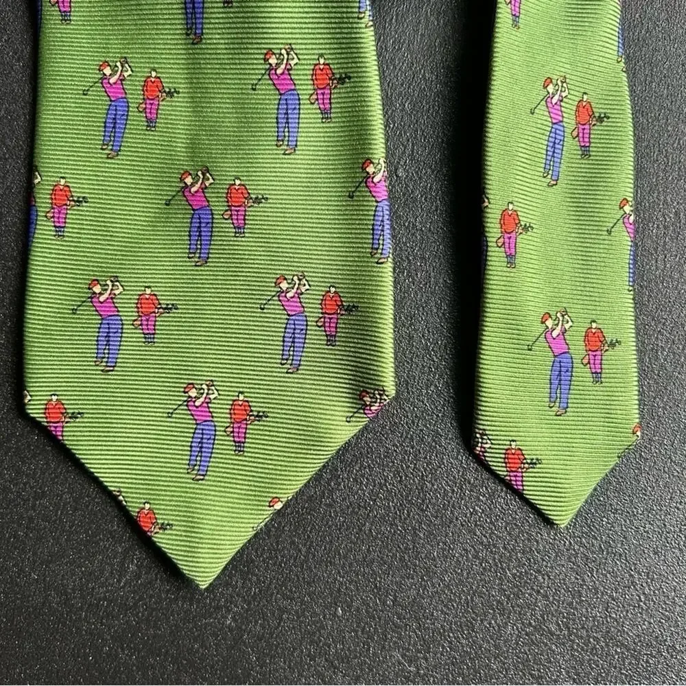 Polo by Ralph Lauren 100% Silk Handmade Tie, Green with Golfers